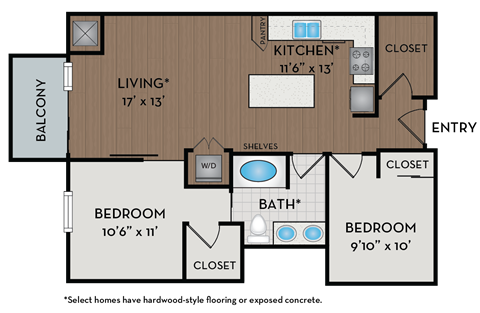 Floor plan for 2 beds, 1 bath, 877 sqft